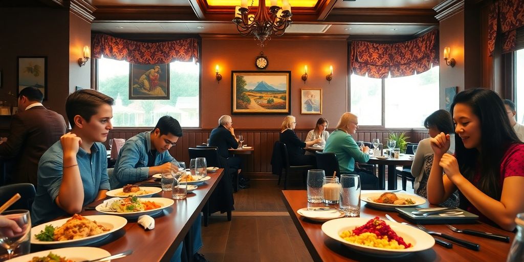 Cozy restaurant scene with diners enjoying meals and ambiance.