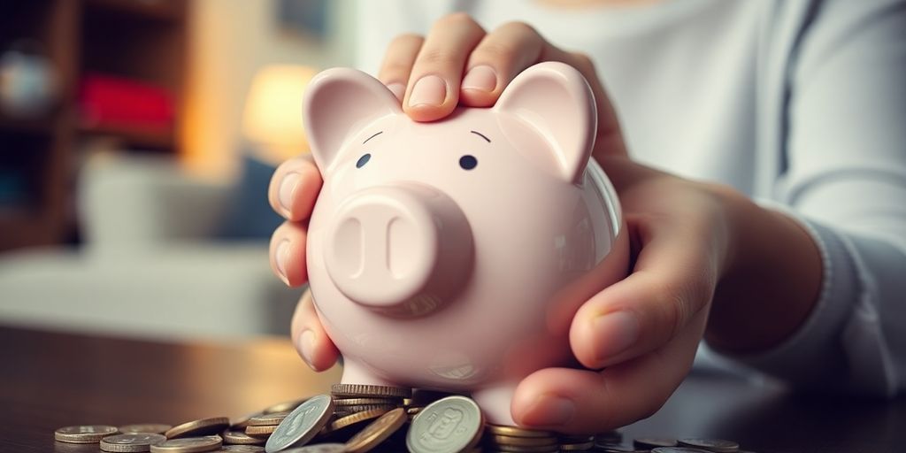 Person holding a piggy bank with coins around it.