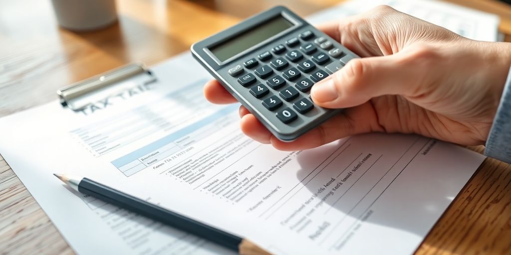 Close-up of hands with tax documents and calculator.