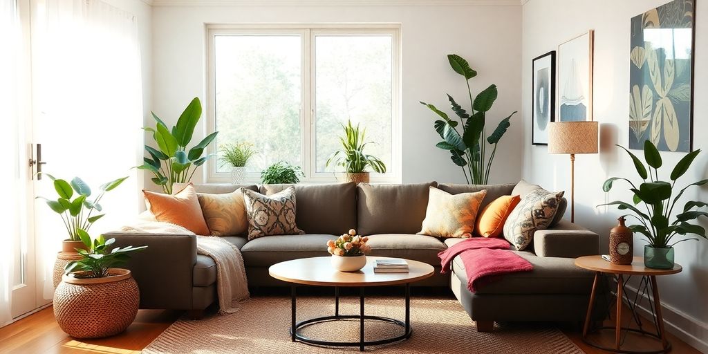 Cozy living room with modern decor and natural light.