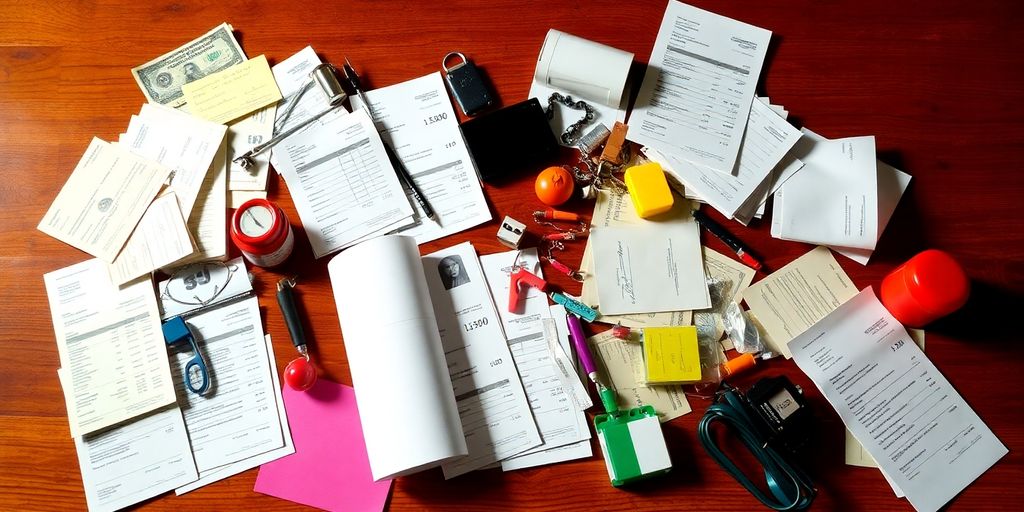 Colorful items representing miscellaneous expenses on a table.